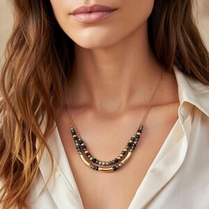 Wonderly Gold Tone 2 Row Multi Colored Beaded Frontal Necklace NWT